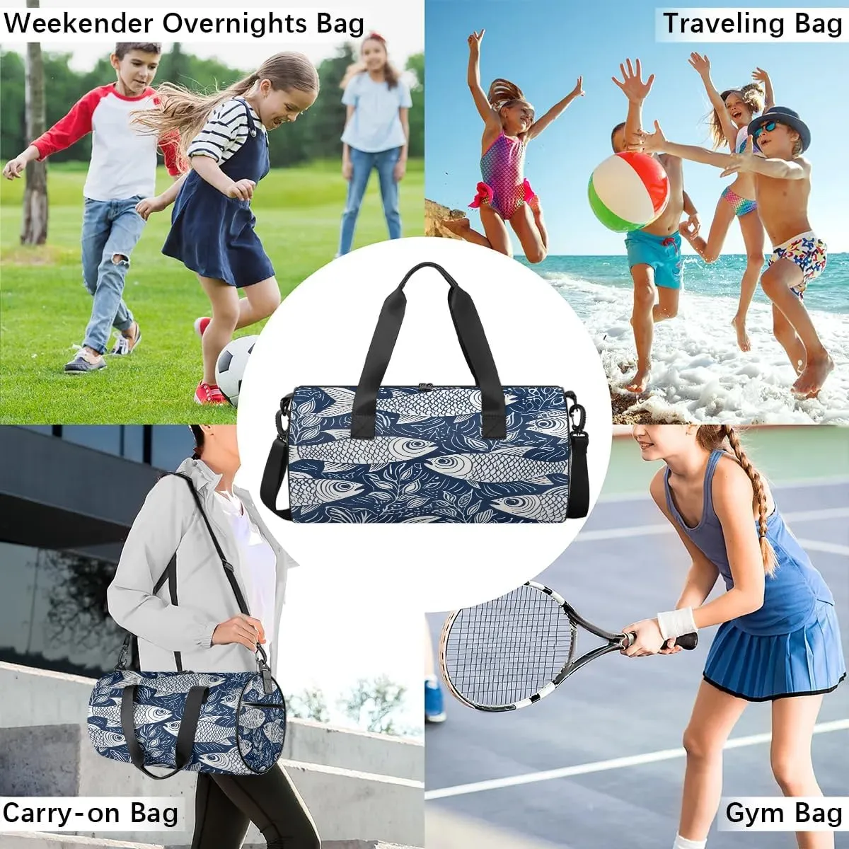 Gym Bags for Men Women Fish Print Sports Duffel Bags Carry On Travel Duffle Bag with Detachable Adjustable Shoulder Strap Overnight Weekender Bag