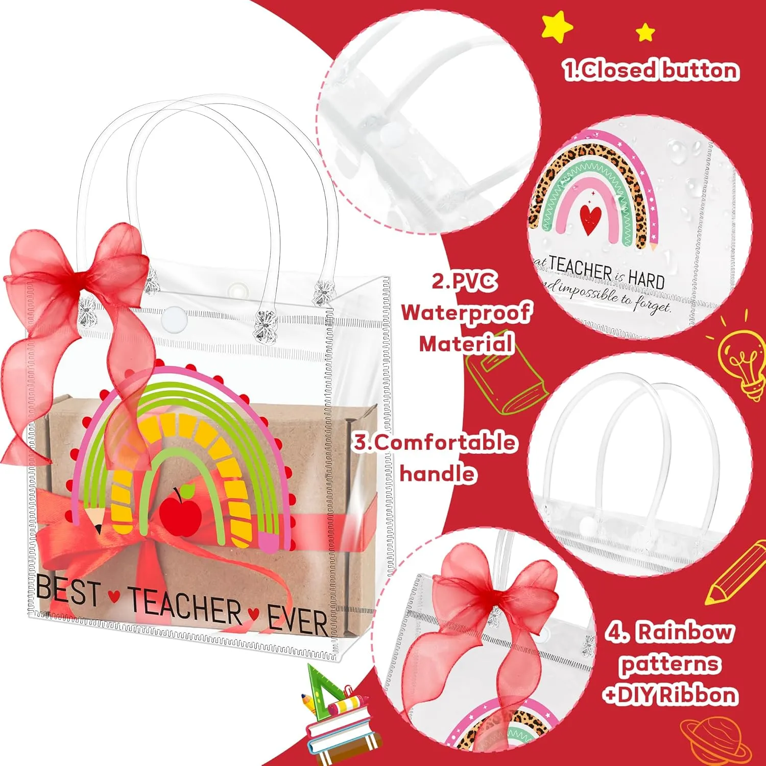H1vojoxo Teacher's Day Gift Bags - 24PCS Teacher Appreciation Gift Clear Bags with Red DIY Ribbon 7.87x3.2x7.87 Inch Clear PVC Tote Bag with Handles Reusable PVC Thank You Gift Wrap Bag for Teachers