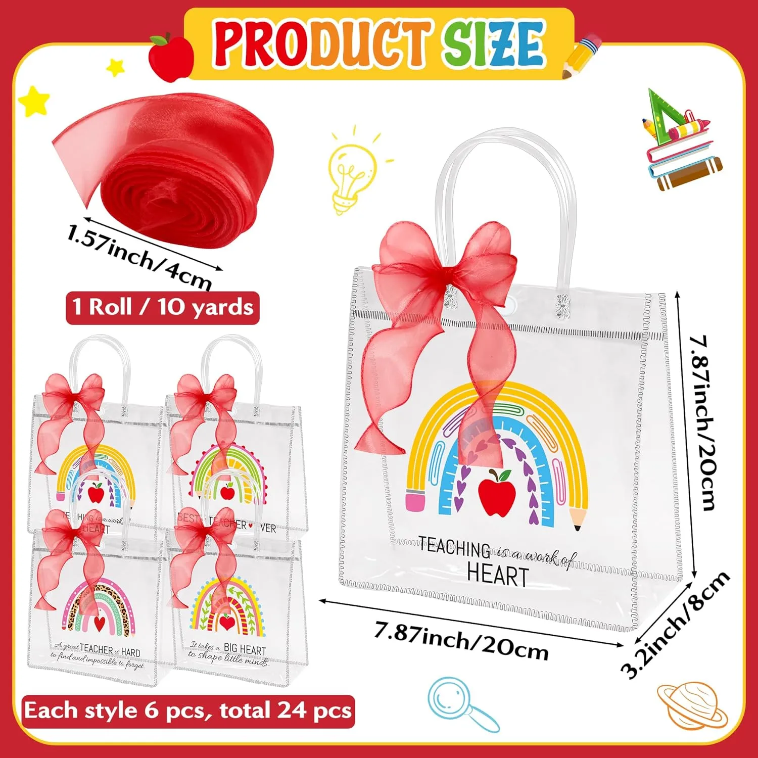 H1vojoxo Teacher's Day Gift Bags - 24PCS Teacher Appreciation Gift Clear Bags with Red DIY Ribbon 7.87x3.2x7.87 Inch Clear PVC Tote Bag with Handles Reusable PVC Thank You Gift Wrap Bag for Teachers