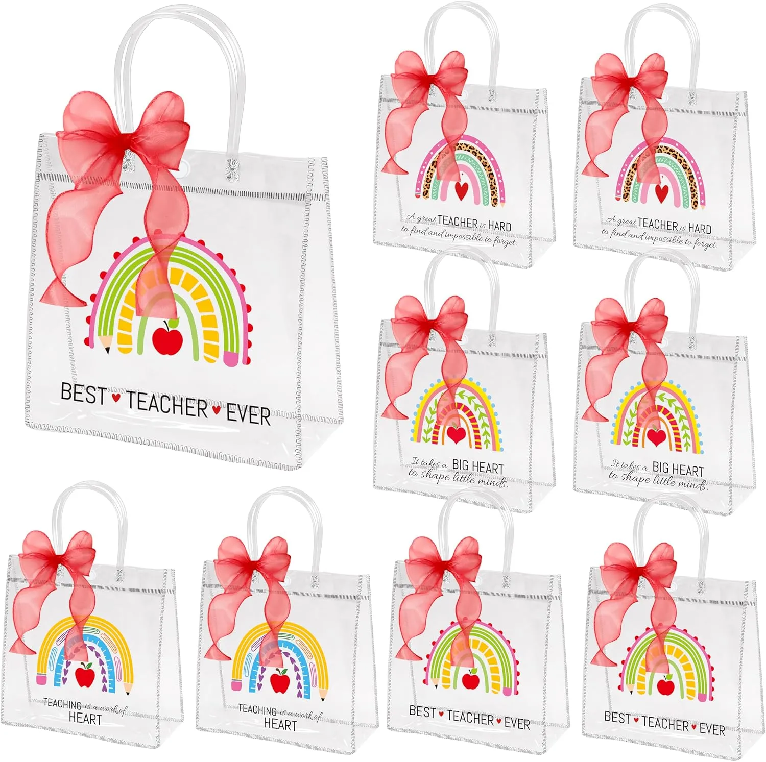 H1vojoxo Teacher's Day Gift Bags - 24PCS Teacher Appreciation Gift Clear Bags with Red DIY Ribbon 7.87x3.2x7.87 Inch Clear PVC Tote Bag with Handles Reusable PVC Thank You Gift Wrap Bag for Teachers