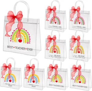 H1vojoxo Teacher's Day Gift Bags - 24PCS Teacher Appreciation Gift Clear Bags with Red DIY Ribbon 7.87x3.2x7.87 Inch Clear PVC Tote Bag with Handles Reusable PVC Thank You Gift Wrap Bag for Teachers