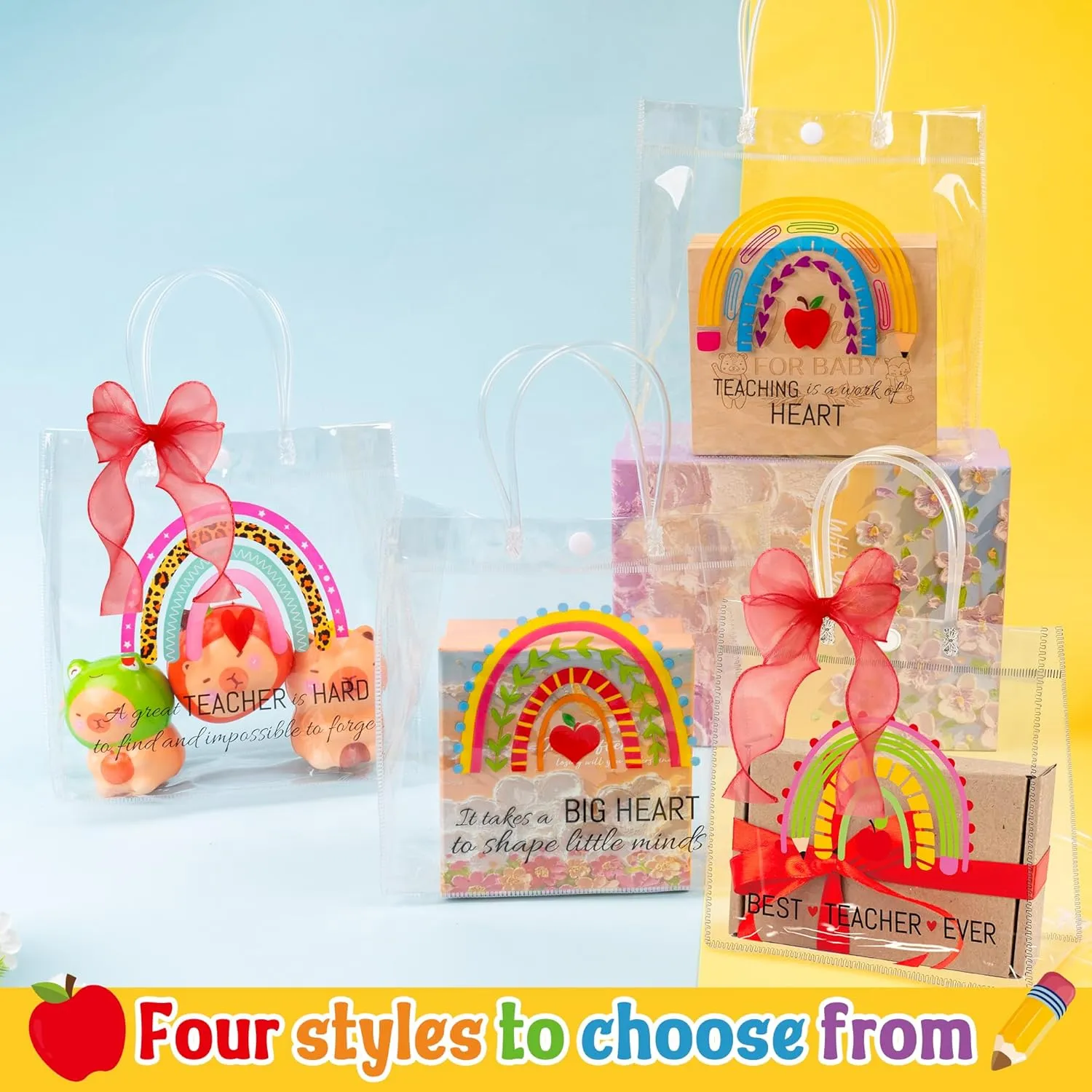 H1vojoxo Teacher's Day Gift Bags - 24PCS Teacher Appreciation Gift Clear Bags with Red DIY Ribbon 7.87x3.2x7.87 Inch Clear PVC Tote Bag with Handles Reusable PVC Thank You Gift Wrap Bag for Teachers