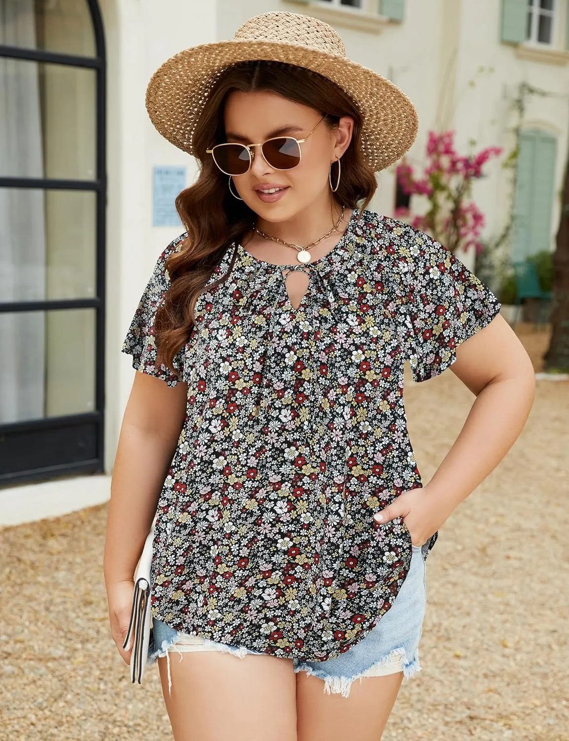 Halife Women's Plus Size Boho Tops Floral Printed V Neck Casual Summer Blouses Shirts