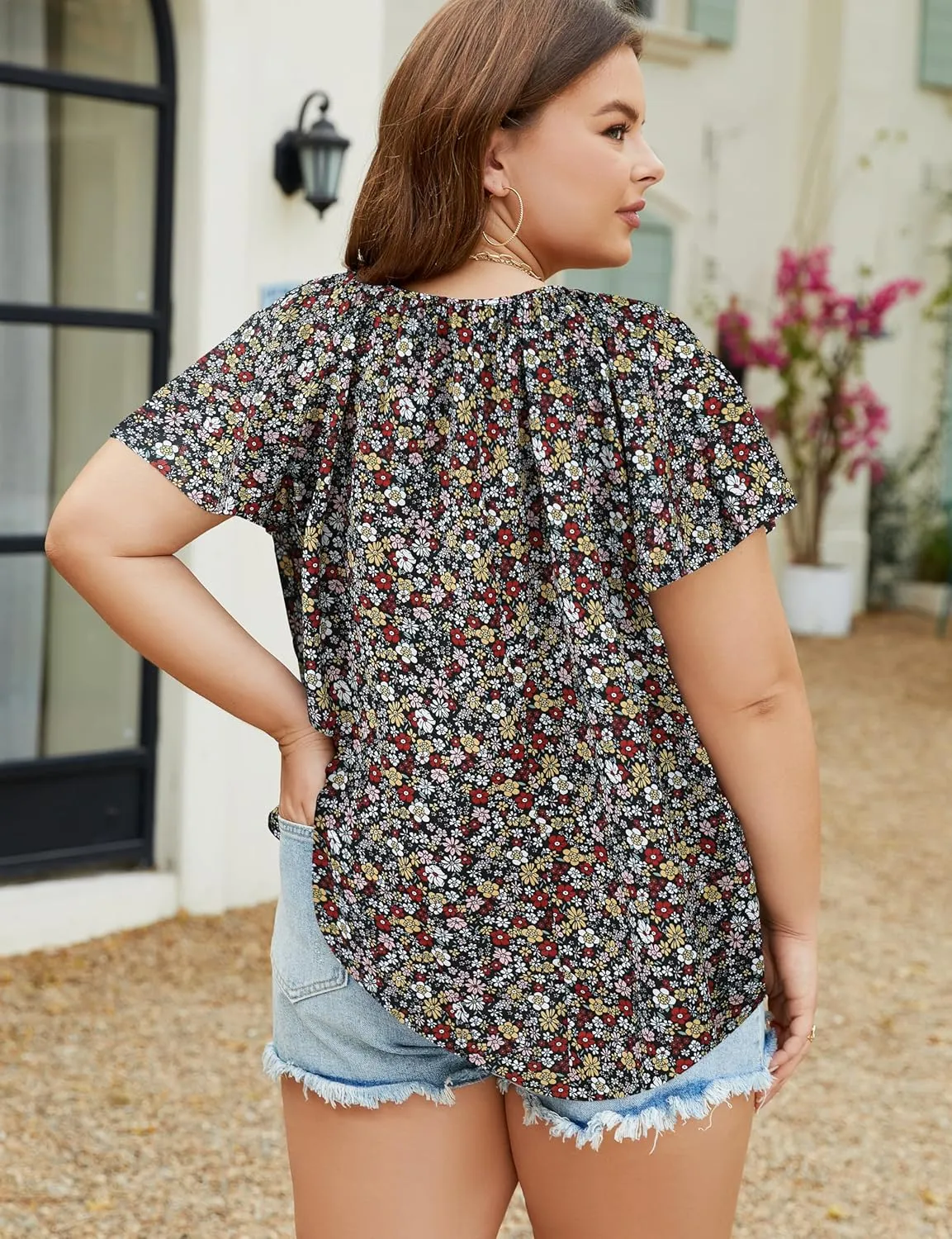Halife Women's Plus Size Boho Tops Floral Printed V Neck Casual Summer Blouses Shirts
