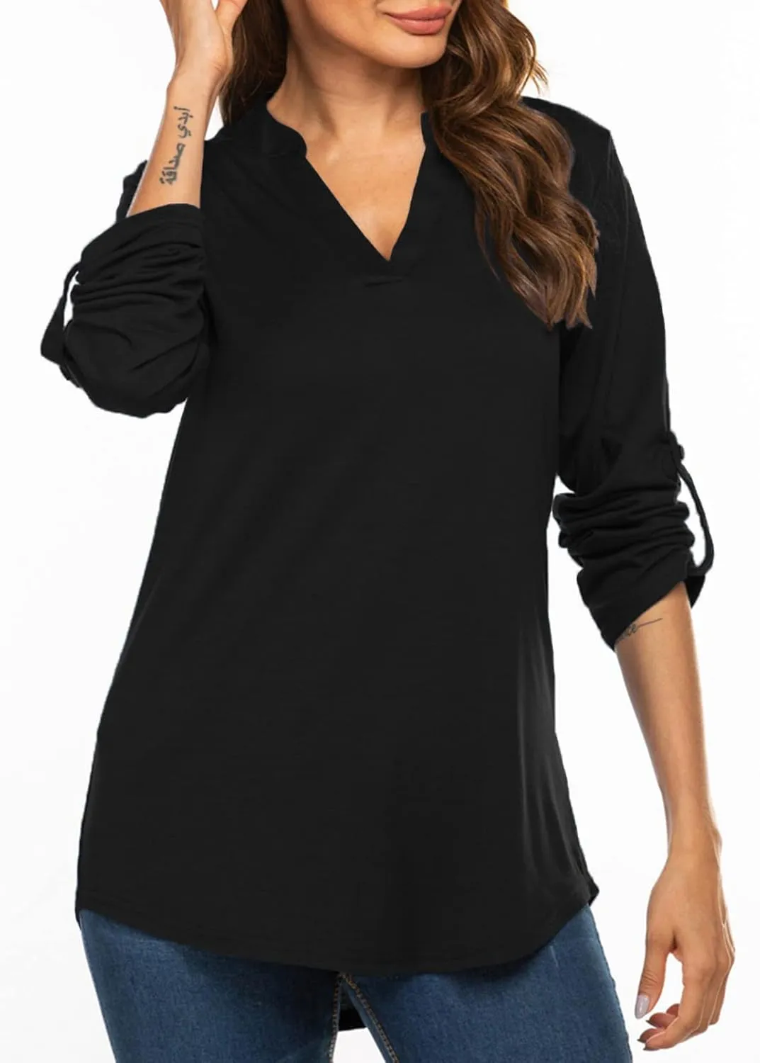 Halife Women's Roll Up 3/4 Sleeve Floral Print V Neck Tunic Blouses Tops Shirts
