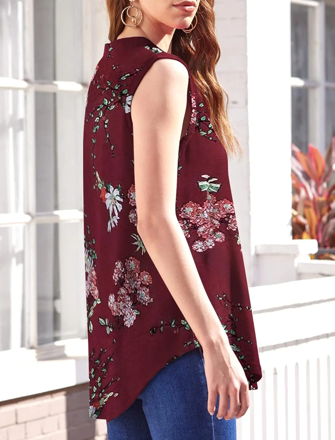 Halife Women's Sleeveless Floral Print V Neck Tunic Tank Tops Blouse Shirts