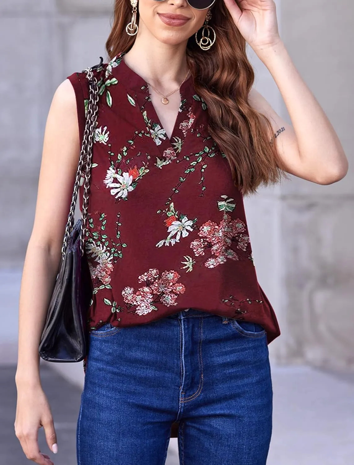 Halife Women's Sleeveless Floral Print V Neck Tunic Tank Tops Blouse Shirts