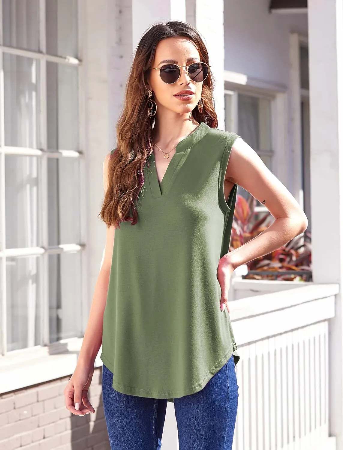 Halife Women's Sleeveless Floral Print V Neck Tunic Tank Tops Blouse Shirts