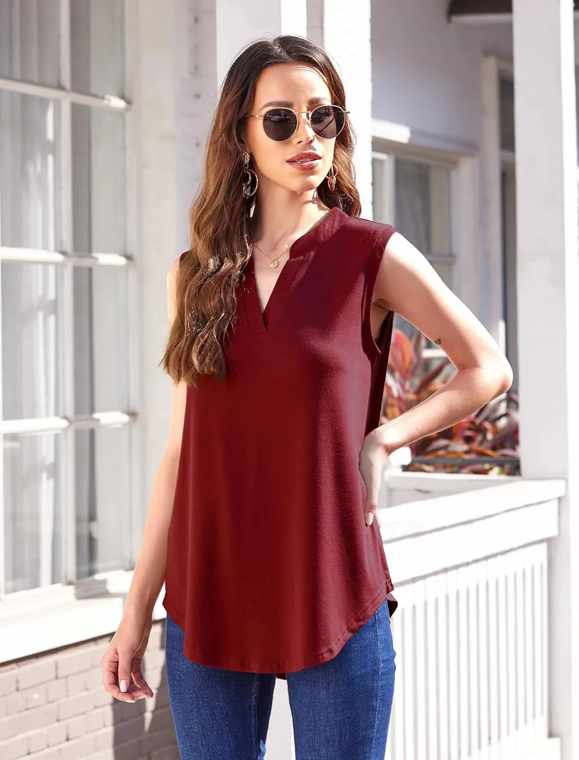Halife Women's Sleeveless Floral Print V Neck Tunic Tank Tops Blouse Shirts