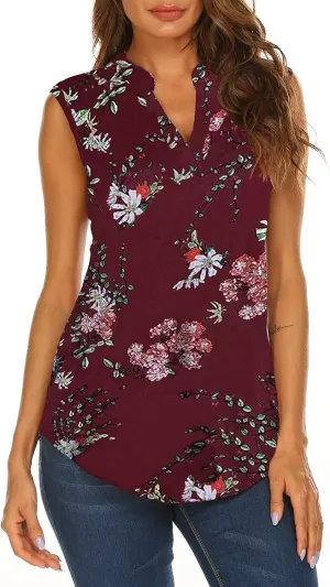 Halife Women's Sleeveless Floral Print V Neck Tunic Tank Tops Blouse Shirts