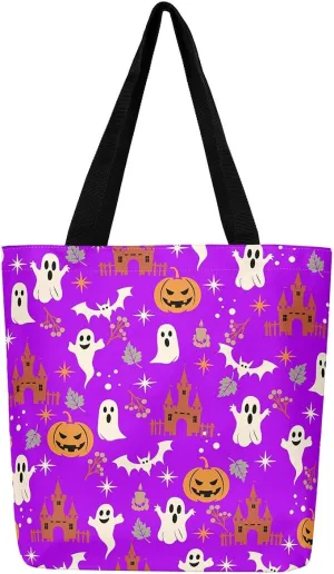 Halloween Decor Canvas Tote Bag,Pumpkin Lantern Shoulder Bag Reversible Shopping Grocery Bags for Camping