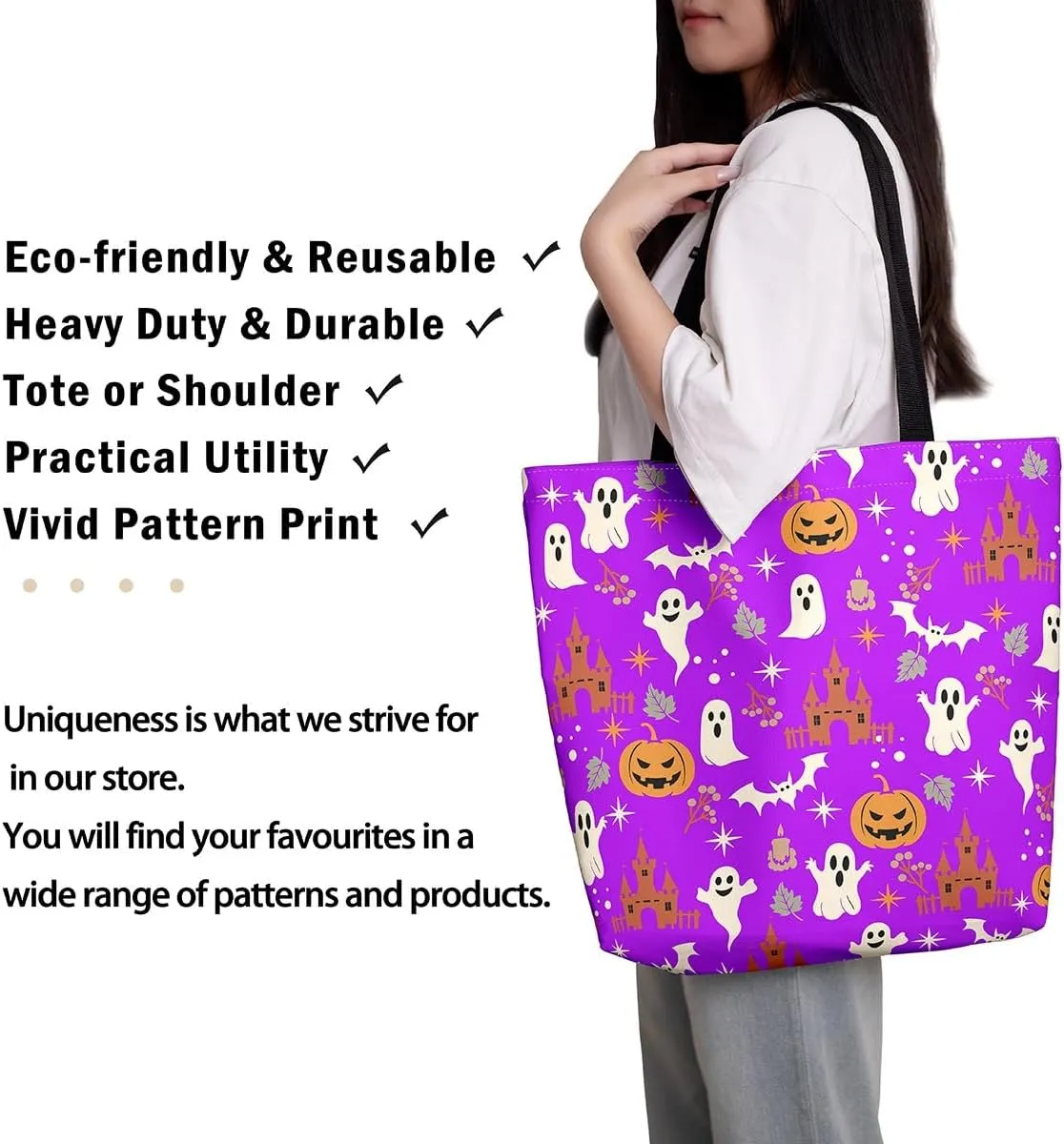 Halloween Decor Canvas Tote Bag,Pumpkin Lantern Shoulder Bag Reversible Shopping Grocery Bags for Camping