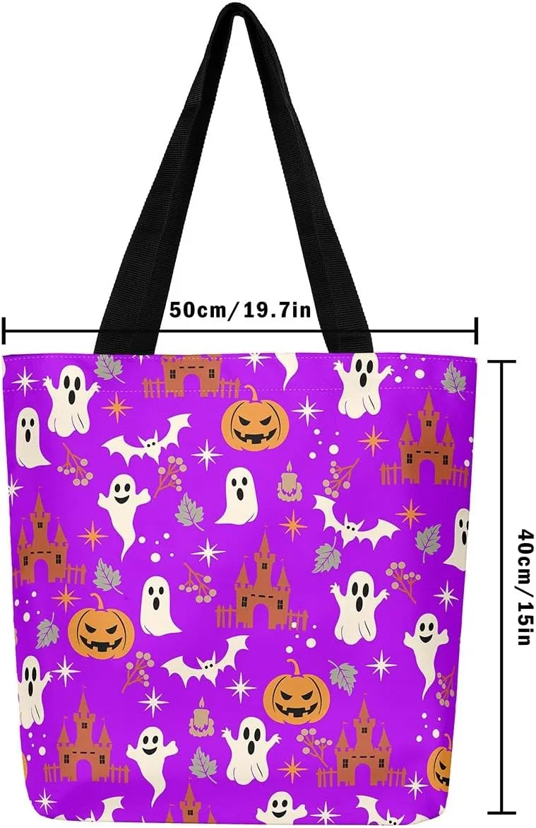 Halloween Decor Canvas Tote Bag,Pumpkin Lantern Shoulder Bag Reversible Shopping Grocery Bags for Camping