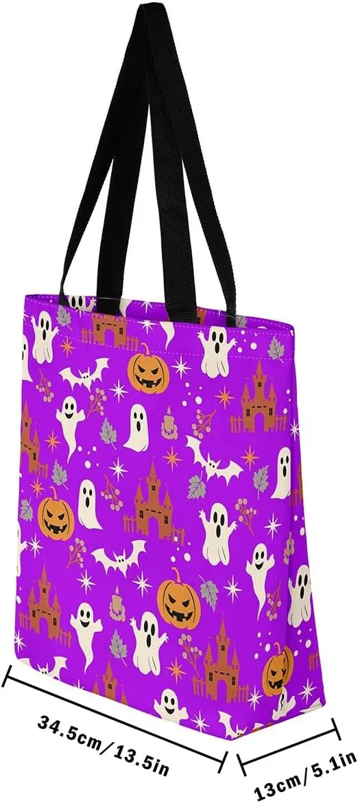 Halloween Decor Canvas Tote Bag,Pumpkin Lantern Shoulder Bag Reversible Shopping Grocery Bags for Camping