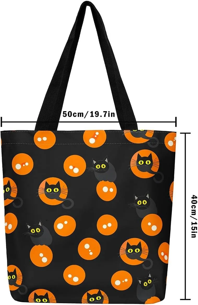 Halloween Theme Casual Travel Bag Black Cat Shopping Grocery Shoulder Bag Happy Halloween Canvas Tote Bag