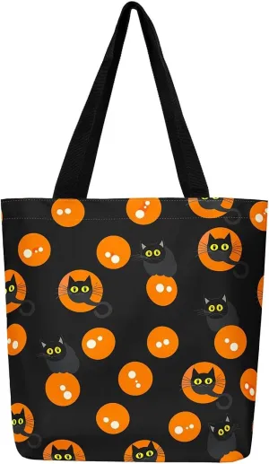 Halloween Theme Casual Travel Bag Black Cat Shopping Grocery Shoulder Bag Happy Halloween Canvas Tote Bag