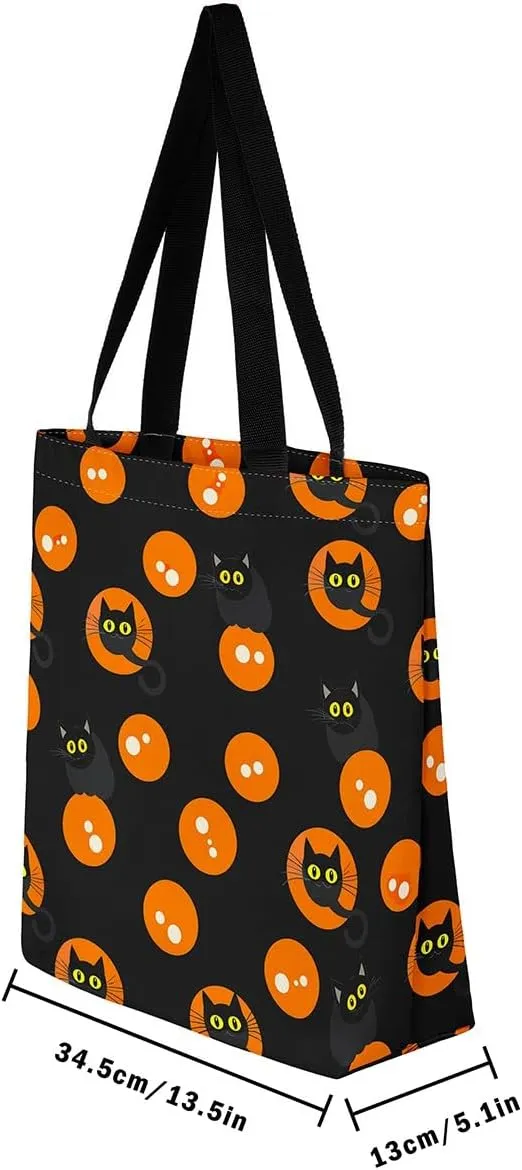 Halloween Theme Casual Travel Bag Black Cat Shopping Grocery Shoulder Bag Happy Halloween Canvas Tote Bag