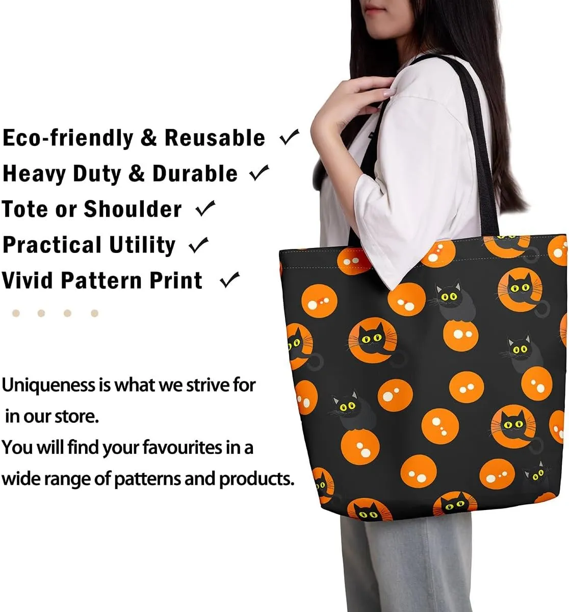 Halloween Theme Casual Travel Bag Black Cat Shopping Grocery Shoulder Bag Happy Halloween Canvas Tote Bag