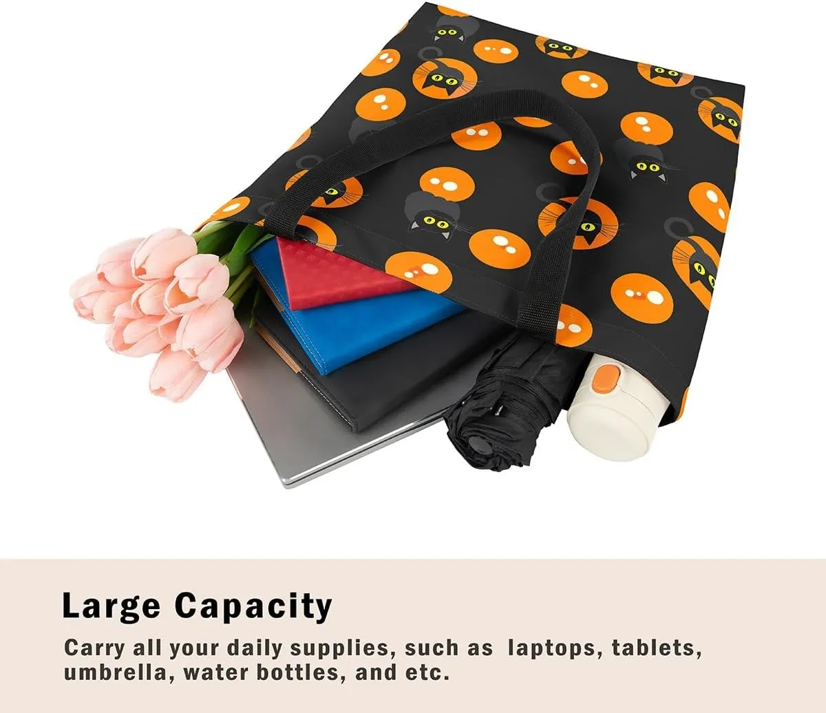 Halloween Theme Casual Travel Bag Black Cat Shopping Grocery Shoulder Bag Happy Halloween Canvas Tote Bag