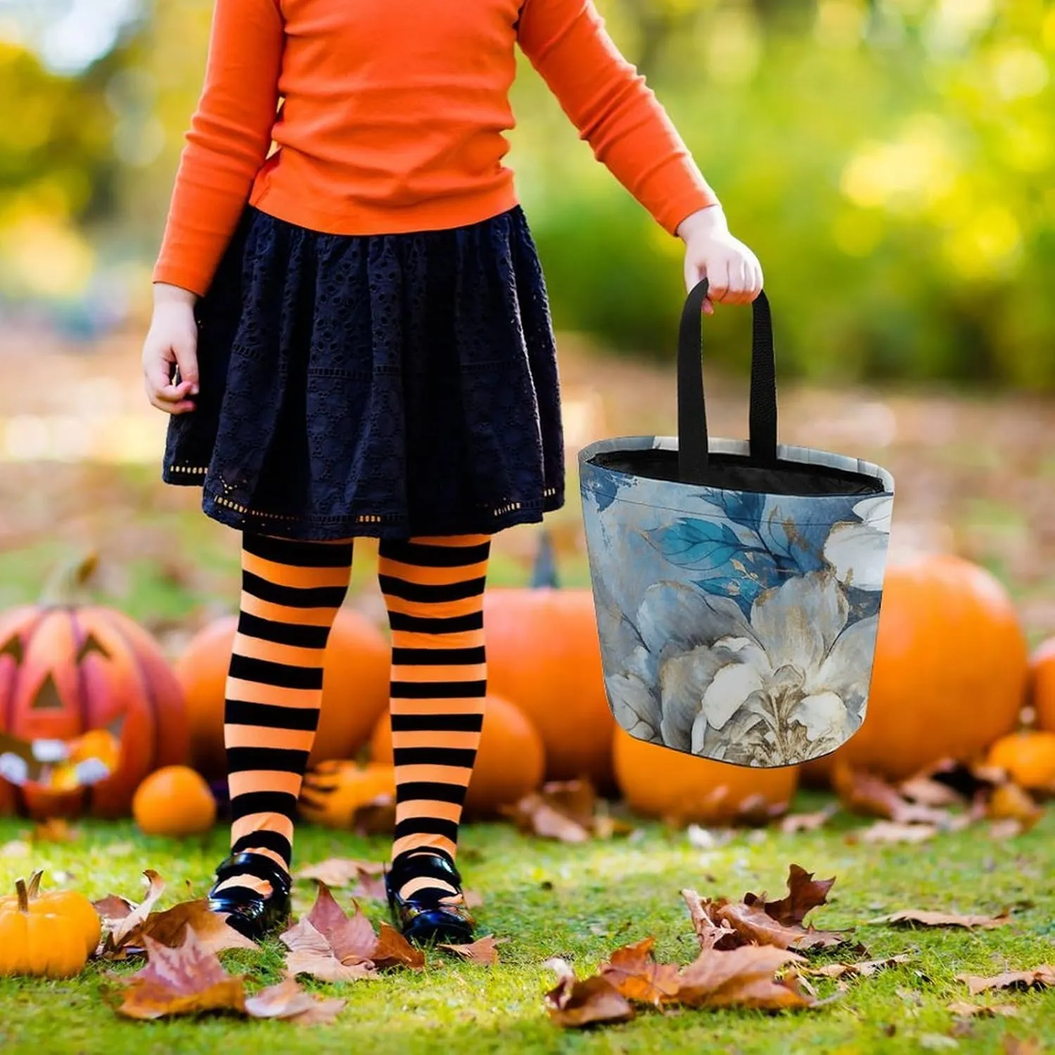 Halloween Trick Or Treat Bags Halloween Tote Bag Blue And White Flowers Gift Bags Halloween Candy Buckets