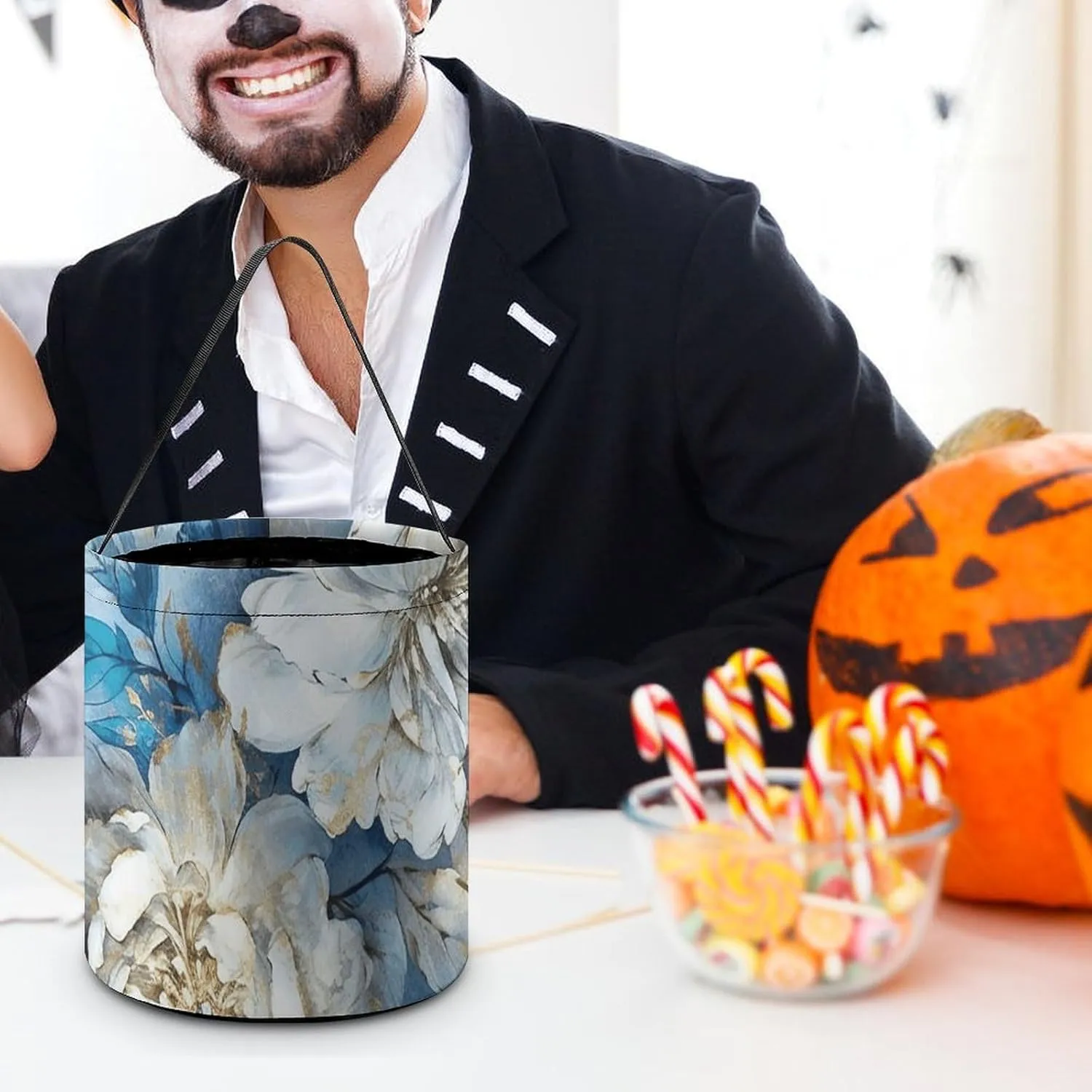 Halloween Trick Or Treat Bags Halloween Tote Bag Blue And White Flowers Gift Bags Halloween Candy Buckets