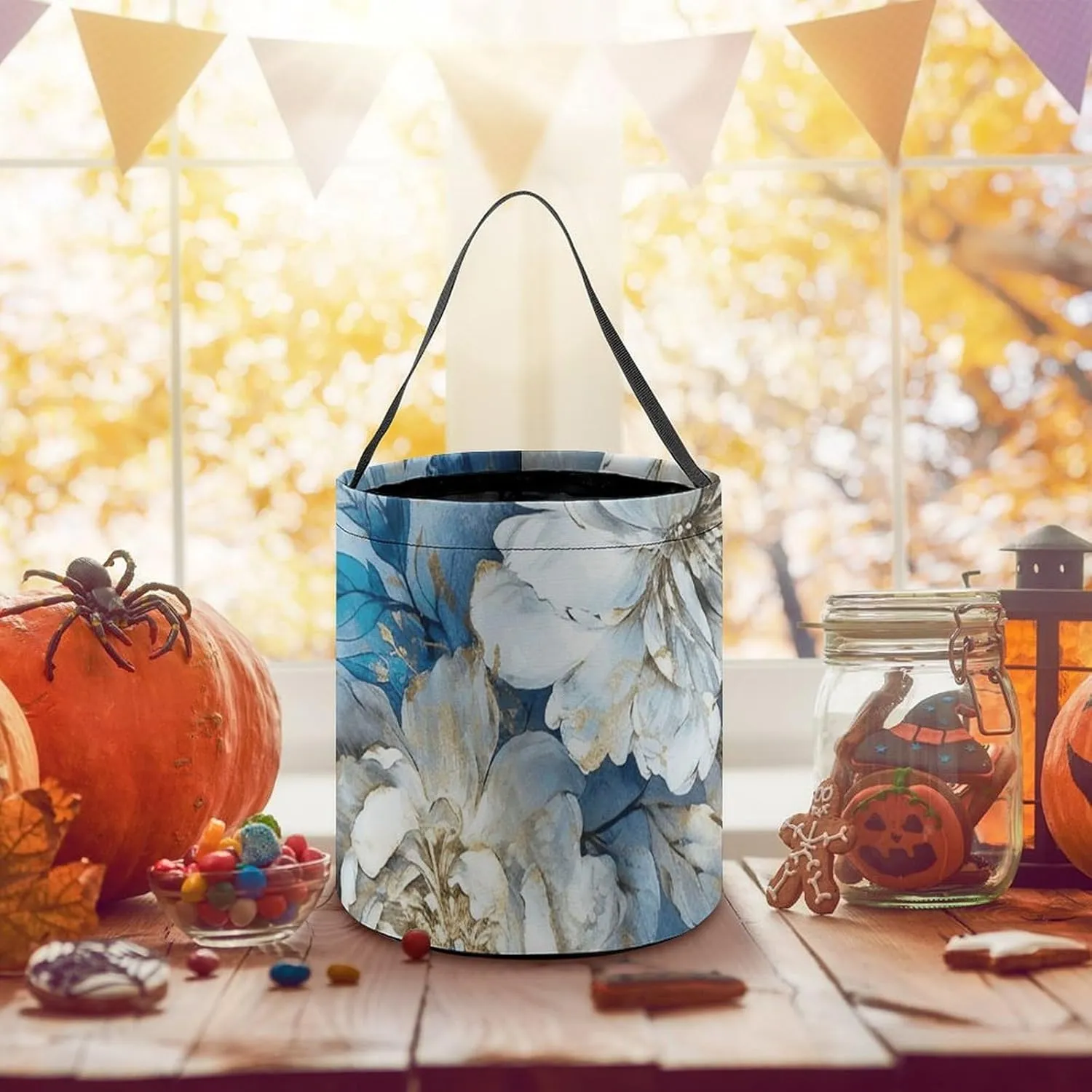 Halloween Trick Or Treat Bags Halloween Tote Bag Blue And White Flowers Gift Bags Halloween Candy Buckets