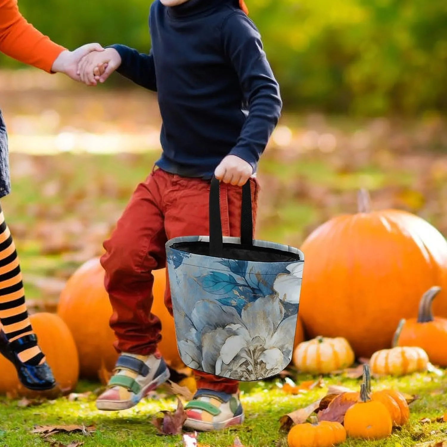 Halloween Trick Or Treat Bags Halloween Tote Bag Blue And White Flowers Gift Bags Halloween Candy Buckets