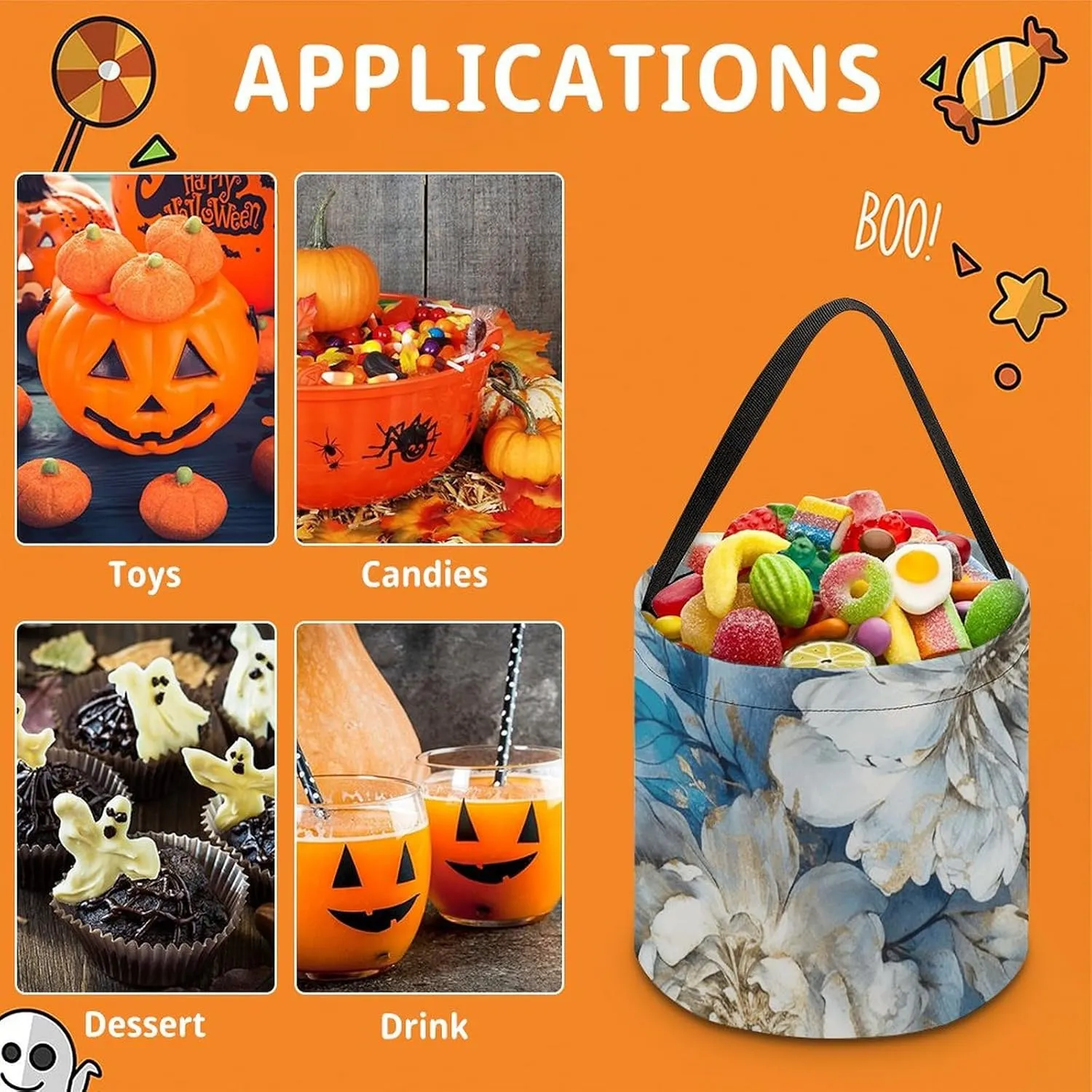Halloween Trick Or Treat Bags Halloween Tote Bag Blue And White Flowers Gift Bags Halloween Candy Buckets