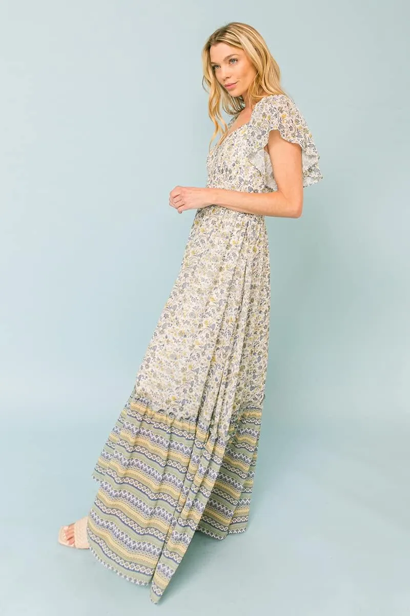 Halter Bohemian Floral Maxi Dress - Tropical Print Ethnic Print Keyhole Sundress