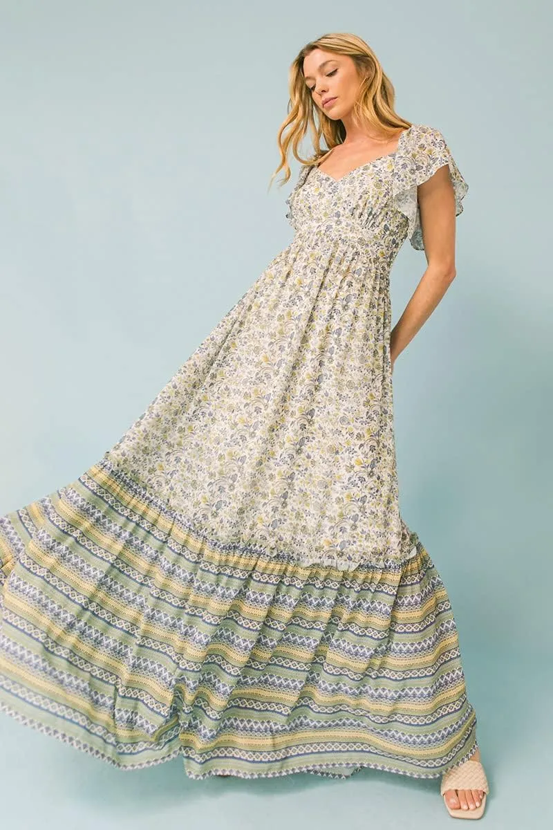 Halter Bohemian Floral Maxi Dress - Tropical Print Ethnic Print Keyhole Sundress