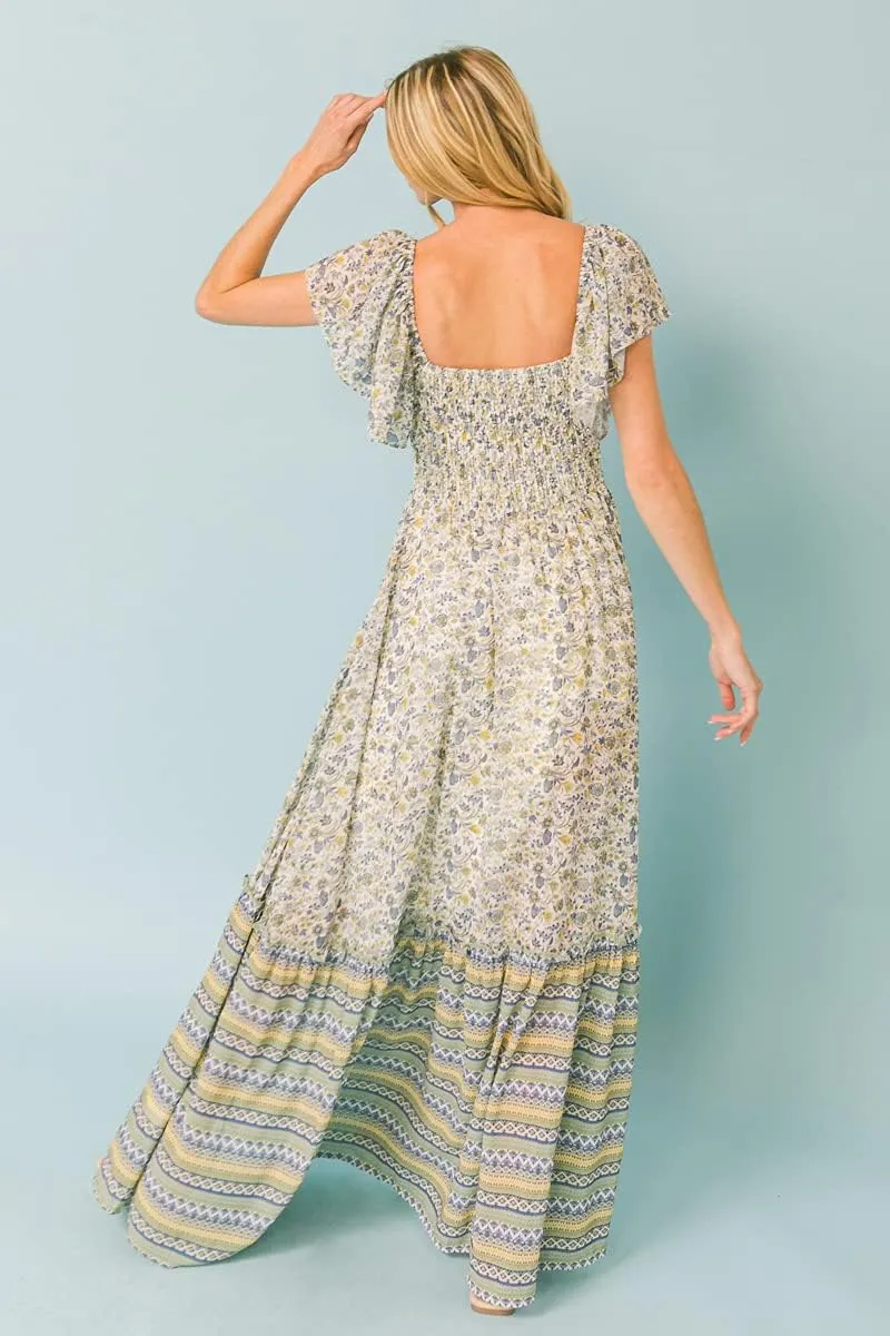 Halter Bohemian Floral Maxi Dress - Tropical Print Ethnic Print Keyhole Sundress