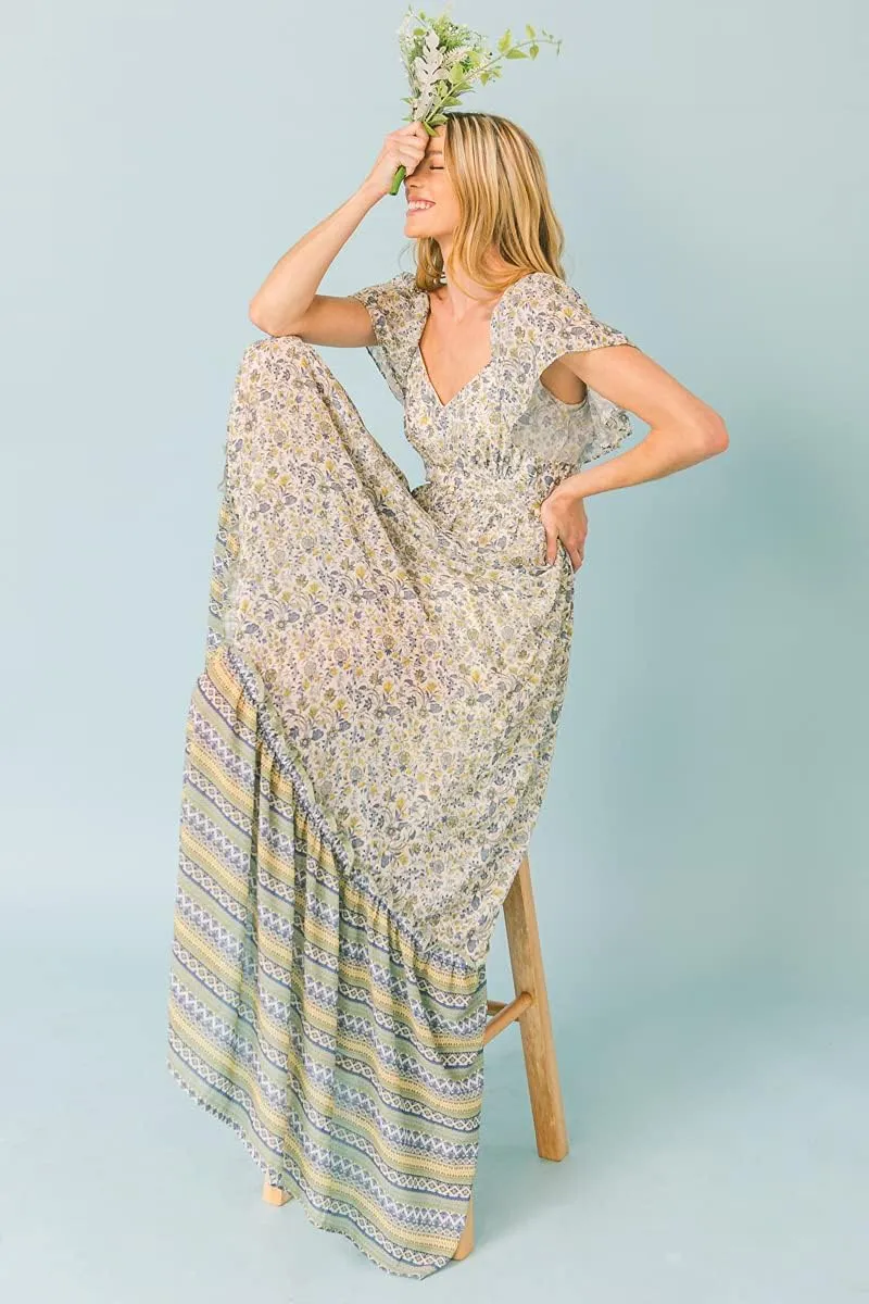 Halter Bohemian Floral Maxi Dress - Tropical Print Ethnic Print Keyhole Sundress
