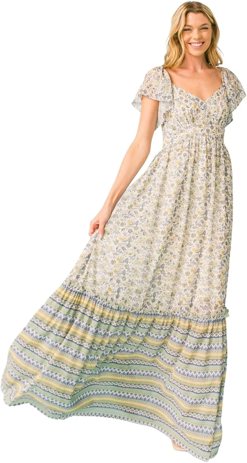 Halter Bohemian Floral Maxi Dress - Tropical Print Ethnic Print Keyhole Sundress