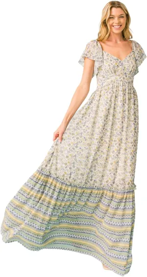 Halter Bohemian Floral Maxi Dress - Tropical Print Ethnic Print Keyhole Sundress