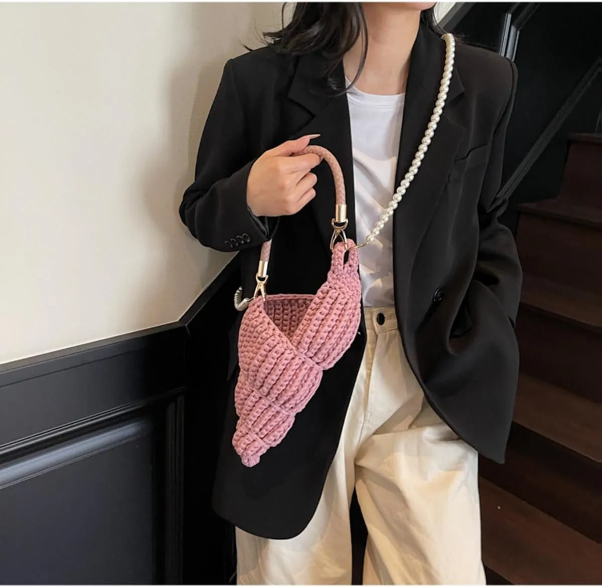 Handwoven Fashion Seashell Bag,Boho Clutch with Pearl Strap,Crochet Beach Bags with Leather Handle & Premium Hardware