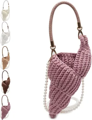 Handwoven Fashion Seashell Bag,Boho Clutch with Pearl Strap,Crochet Beach Bags with Leather Handle & Premium Hardware