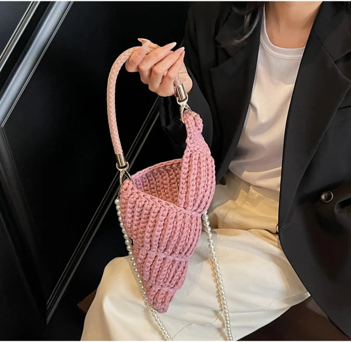Handwoven Fashion Seashell Bag,Boho Clutch with Pearl Strap,Crochet Beach Bags with Leather Handle & Premium Hardware
