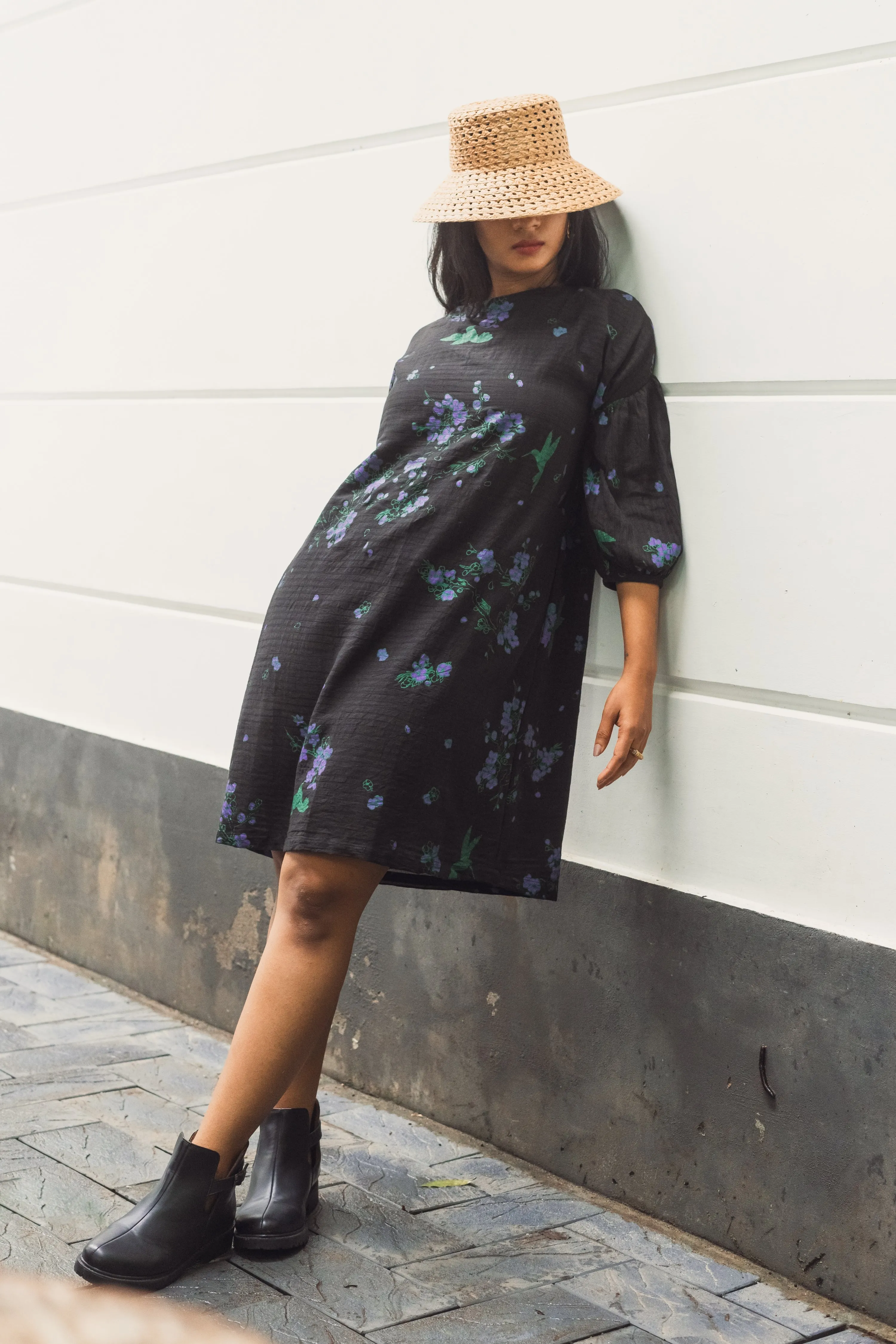 Handwoven Printed Emily Dress- Black