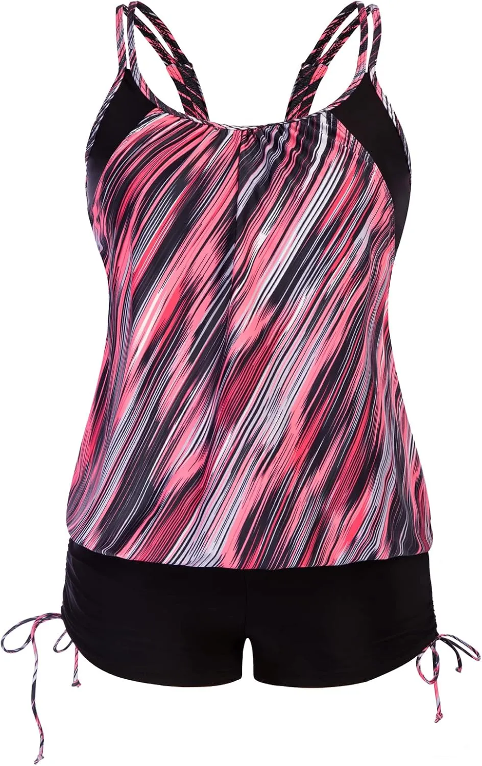 Hanna Nikole Womens Plus Size Striped Printed Strappy Tankini Top with Shorts Two Piece Swimsuit