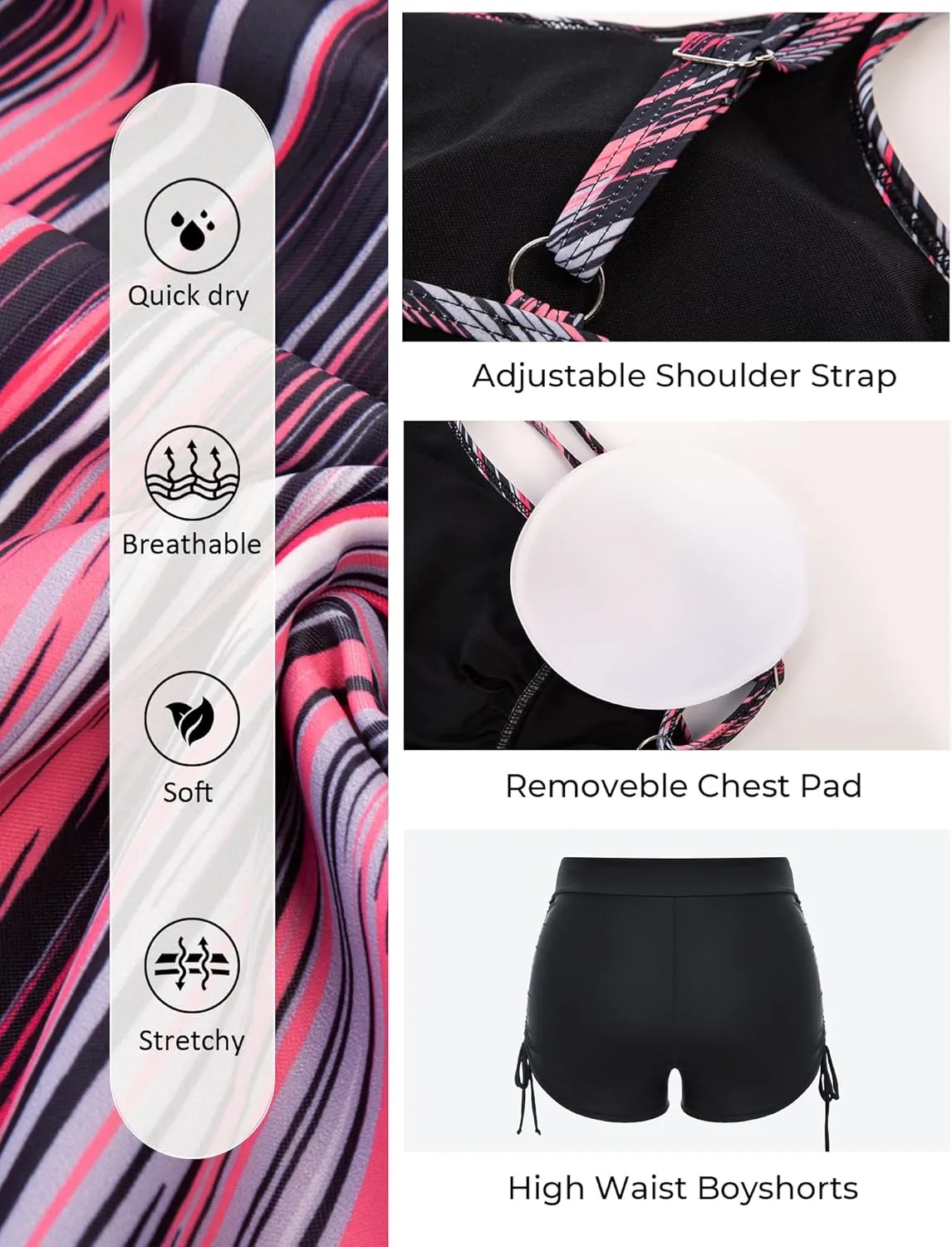 Hanna Nikole Womens Plus Size Striped Printed Strappy Tankini Top with Shorts Two Piece Swimsuit