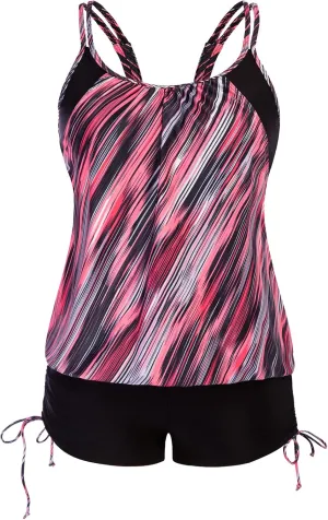 Hanna Nikole Womens Plus Size Striped Printed Strappy Tankini Top with Shorts Two Piece Swimsuit