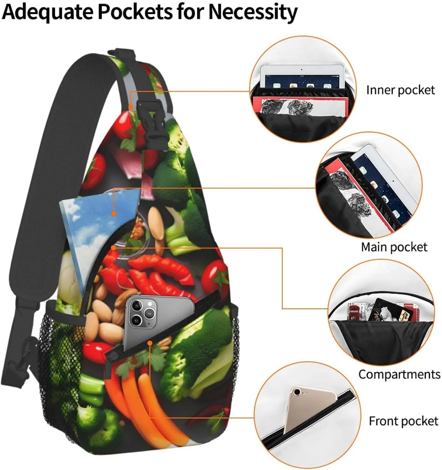 Healthy Food Print Diagonally Sling Bag,Crossbody Sling Backpack Shoulder Chest Bag For Women Men,Hiking