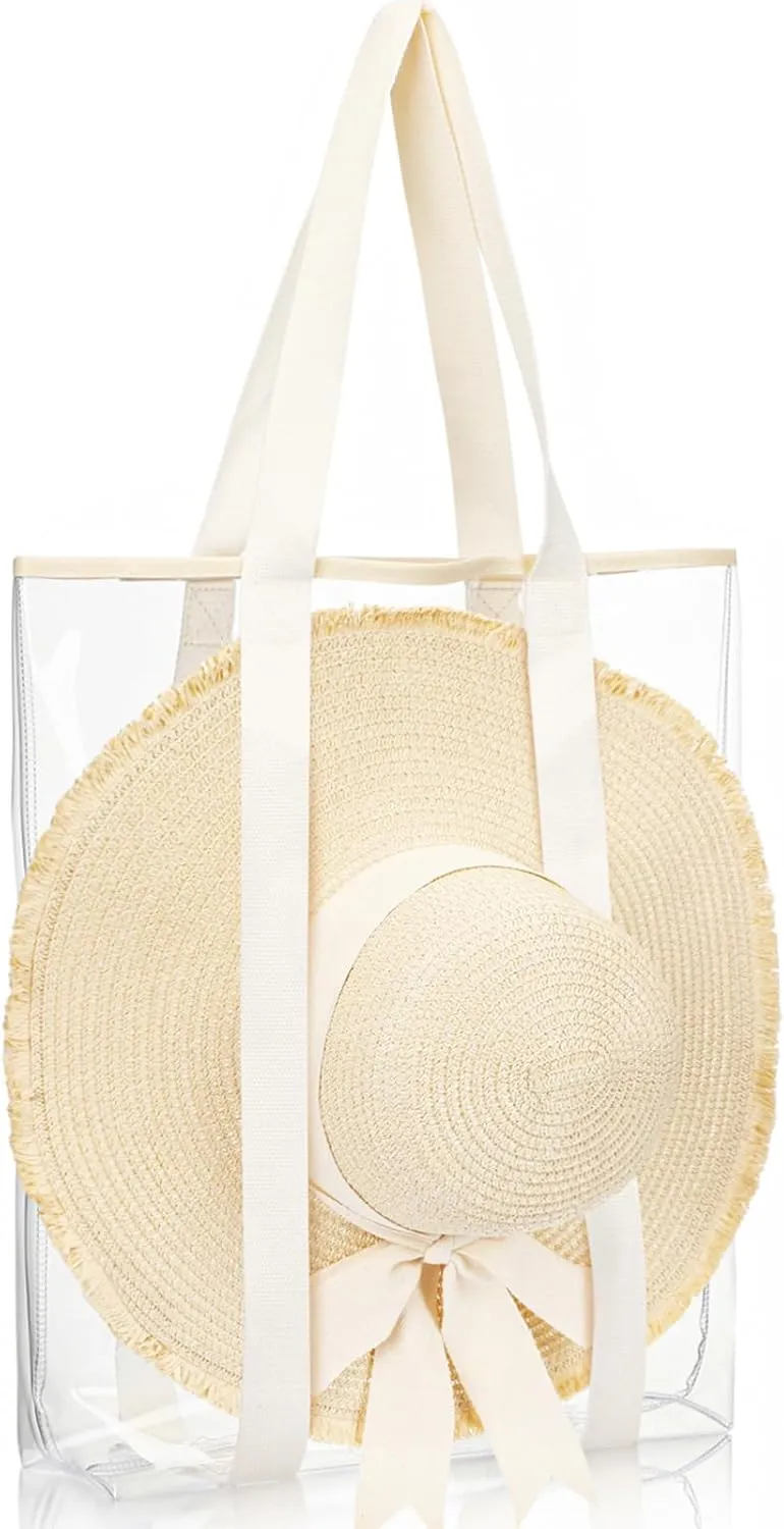 Hillban Large Clear Beach Tote Bag with Hat Holder Strap 17.3 x 16 x 4 Inches Transparent PVC Tote Bag Stadium Approved Handbag for Beach Summer Travel Work Gym Concert Pool Vacation Shopping