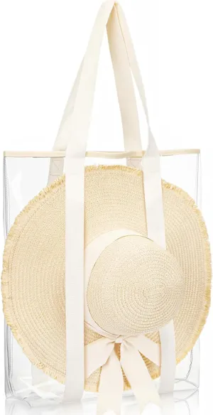 Hillban Large Clear Beach Tote Bag with Hat Holder Strap 17.3 x 16 x 4 Inches Transparent PVC Tote Bag Stadium Approved Handbag for Beach Summer Travel Work Gym Concert Pool Vacation Shopping