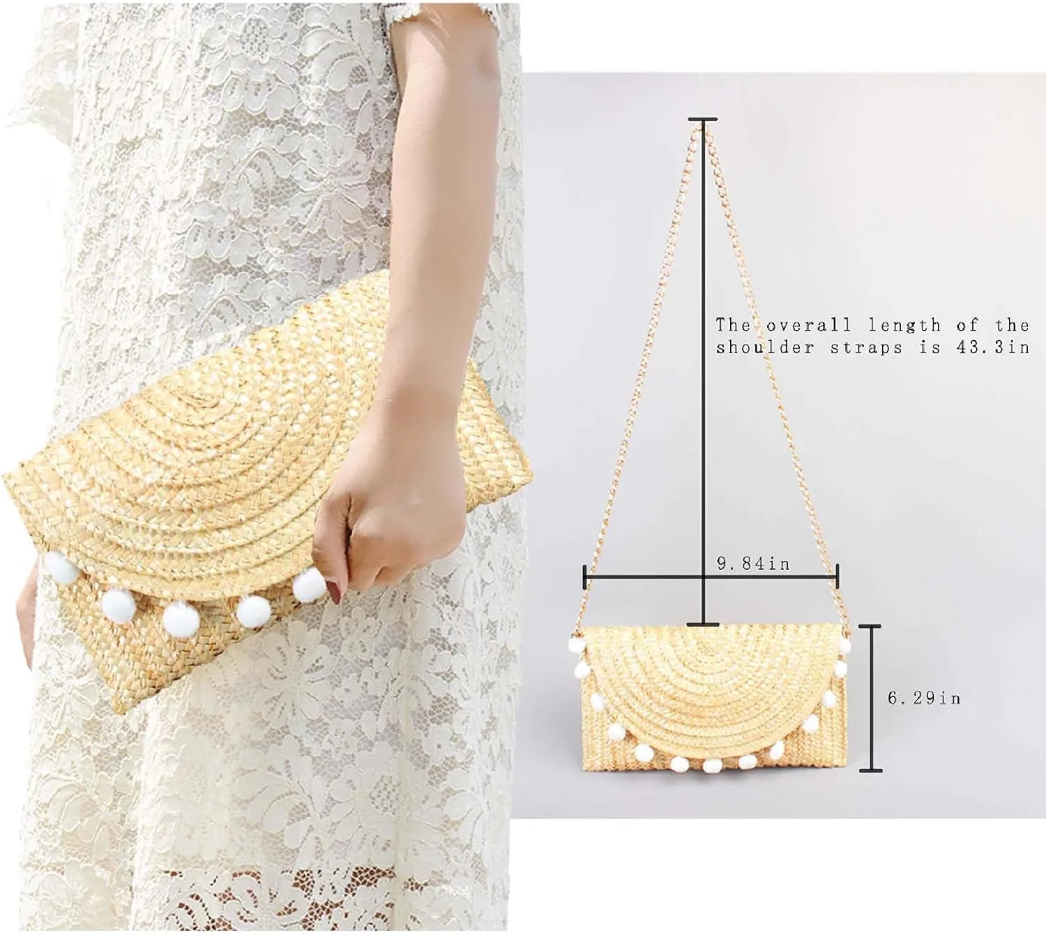 HJMND Women's Straw Clutch Woven Purse Summer Beach Bags Envelope Wallet Straw Bag