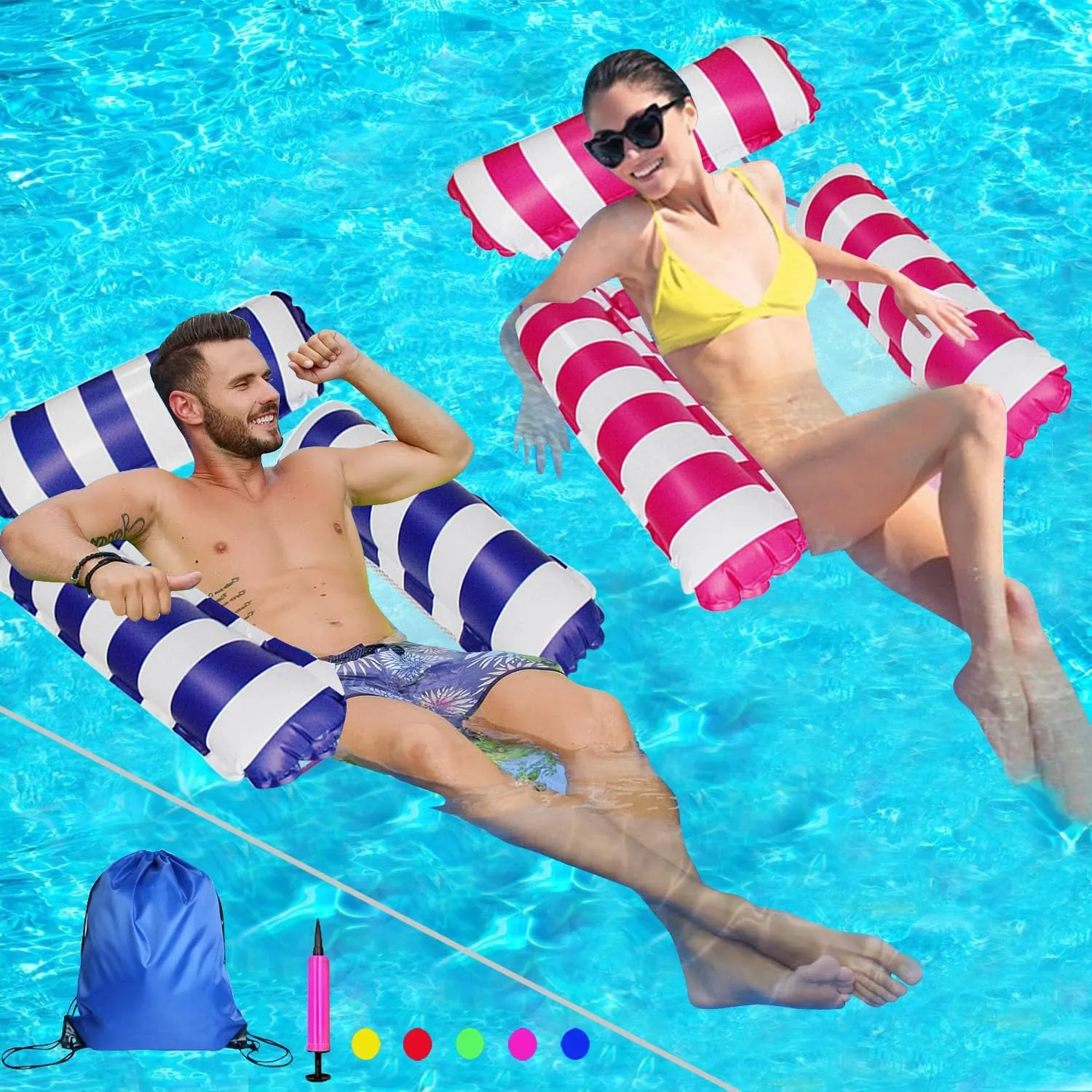 HJW 2-Pack Water Lounger Chair, Inflatable Float, Multi-Purpose Hammock for Pool - Adults Floating Row (Striped Dark Blue   Rose Red)