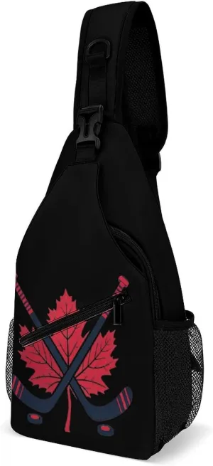 Hockey Sticks Crossed with Canada Maple Printed Crossbody Bags Casual Sling Backpack with Adjustable Strap for Women Men