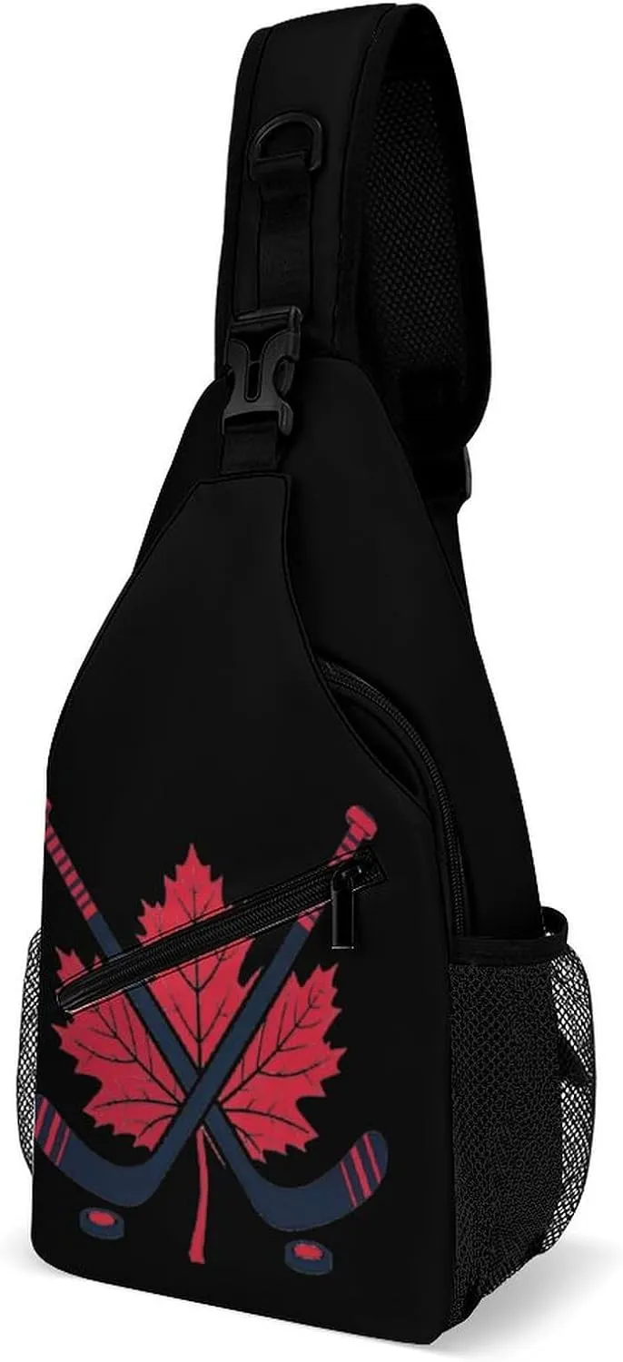 Hockey Sticks Crossed with Canada Maple Printed Crossbody Bags Casual Sling Backpack with Adjustable Strap for Women Men