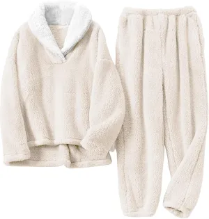 Hooever Women's Fluzzy Sherpa Fleece Pajamas Warm Pullover Lapel Sleepwear Sets