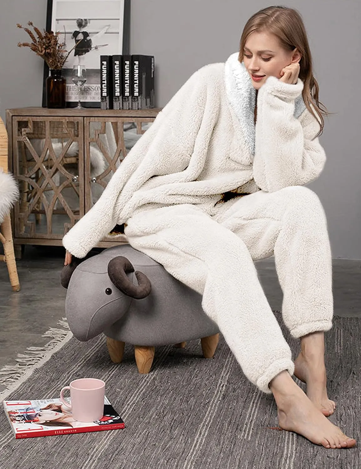 Hooever Women's Fluzzy Sherpa Fleece Pajamas Warm Pullover Lapel Sleepwear Sets